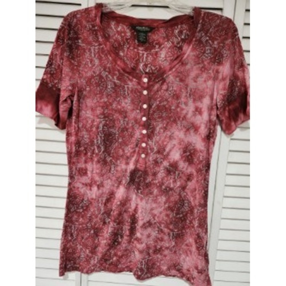 Eddie Bauer Women's Red Button Up Short Sleeve Top M (L 27in, Bust 36in)